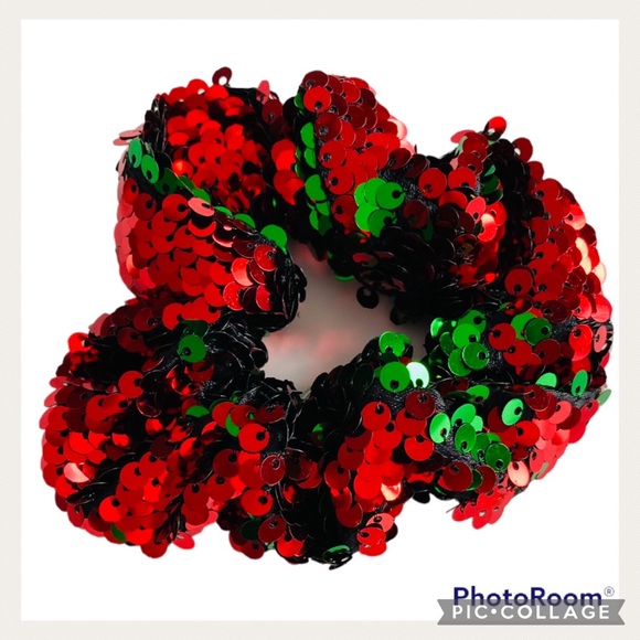 Red And Green Sequined Holiday Hair Scrunchy - Picture 5 of 9